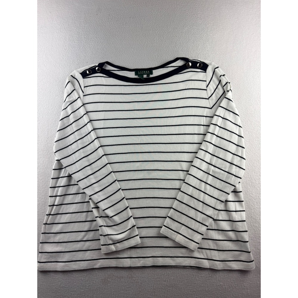 Lauren Ralph Lauren Womens 2X Striped Boat Neck Button Shoulder Cotton Top Navy